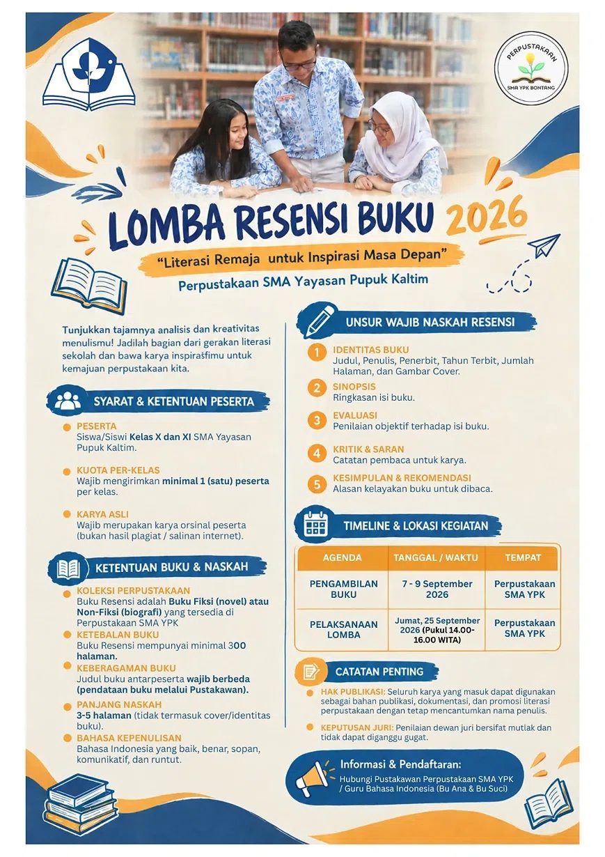 Besok Pendaftaran Ditutup! Perpustakaan SMA YPK Bontang Siap Gelar Lomba Resensi Buku 2026